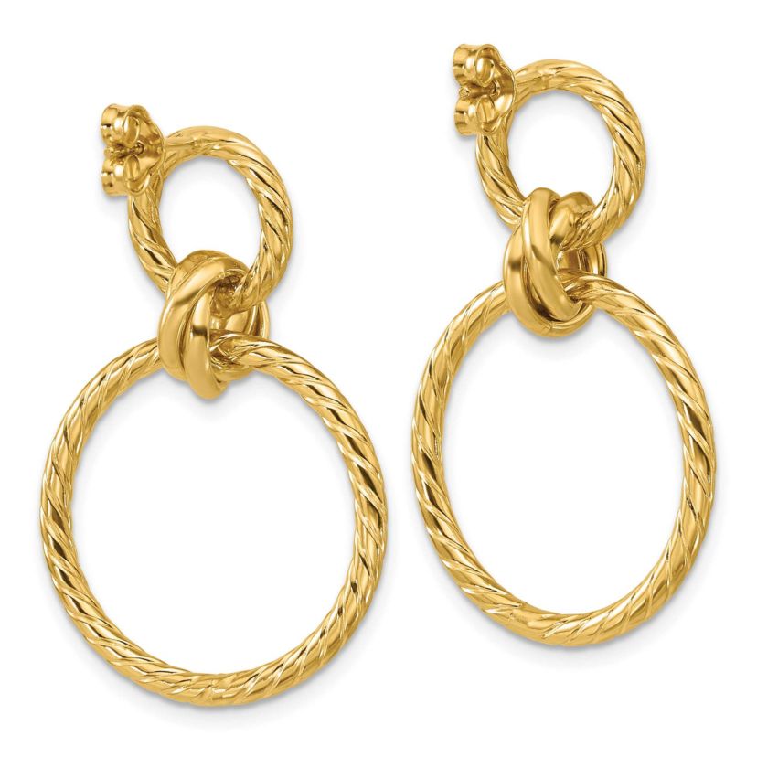 14K Yellow Gold Polished and Twisted Circles Dangle Post Earrings
