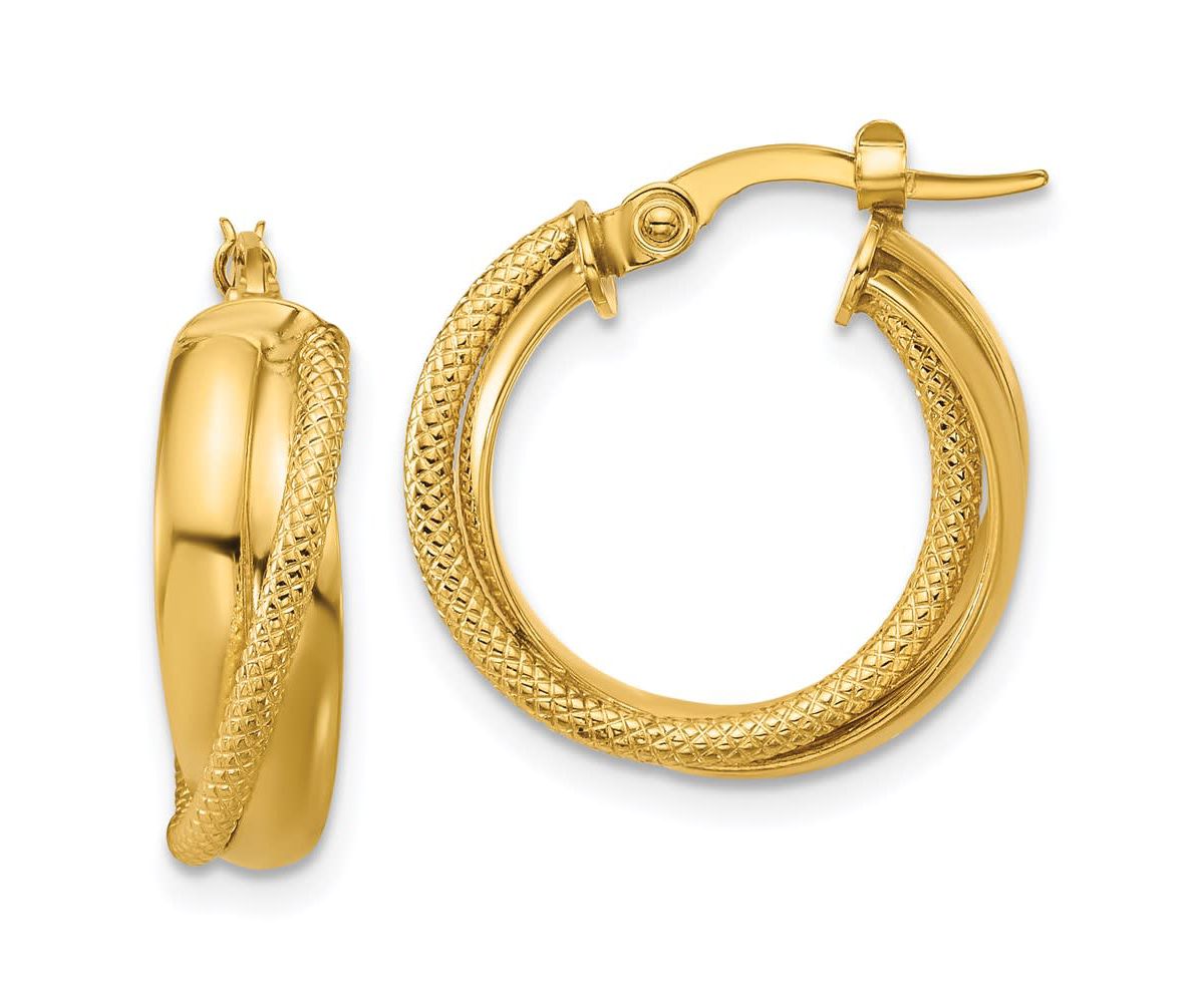 14K Yellow Gold Polished and Textured Round Hoop Earrings