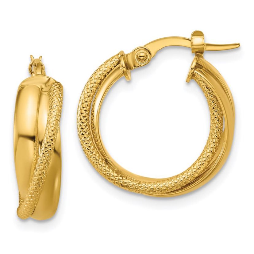14K Yellow Gold Polished and Textured Round Hoop Earrings