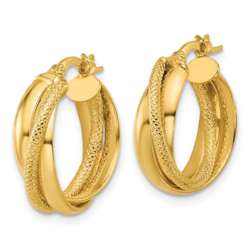 14K Yellow Gold Polished and Textured Round Hoop Earrings