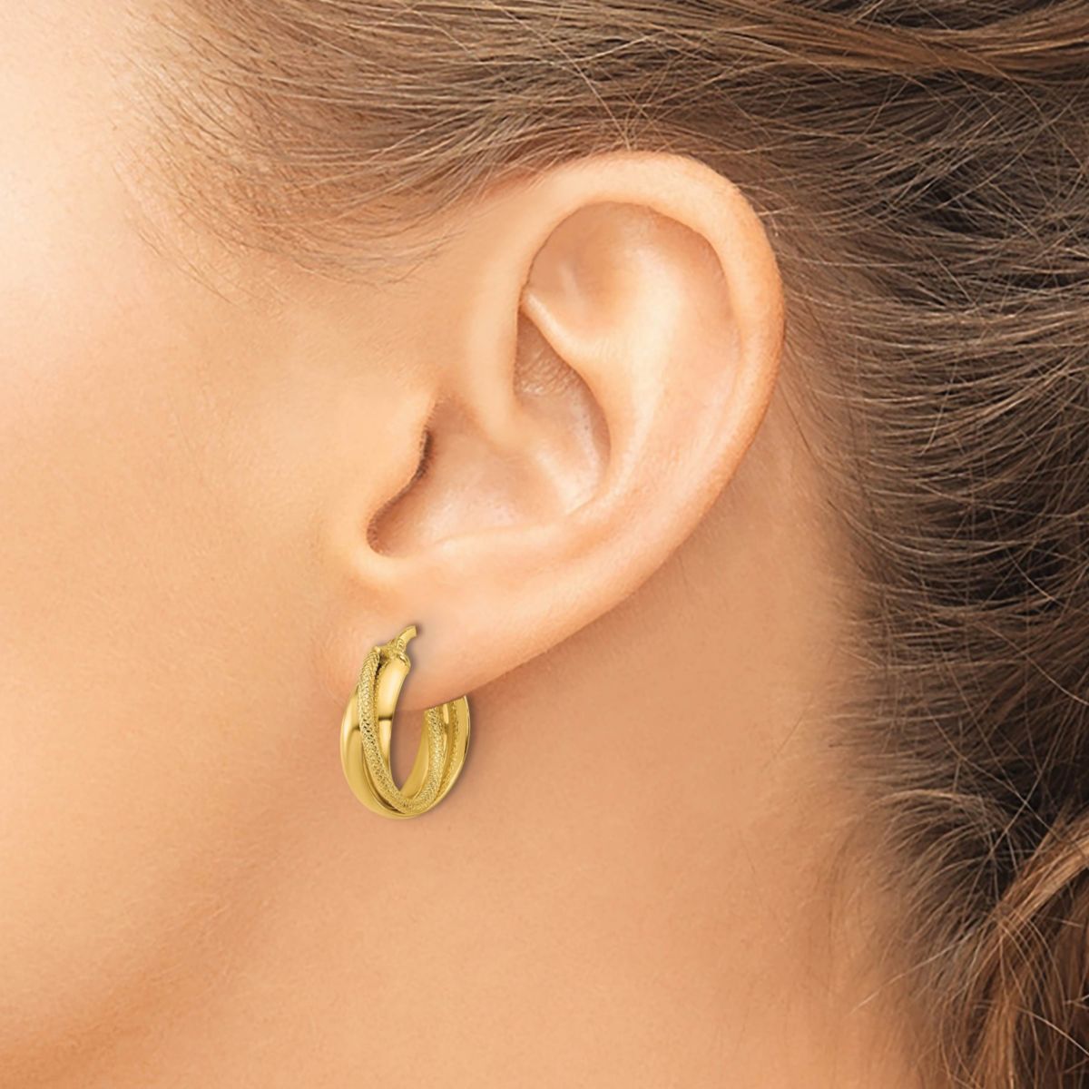 14K Yellow Gold Polished and Textured Round Hoop Earrings