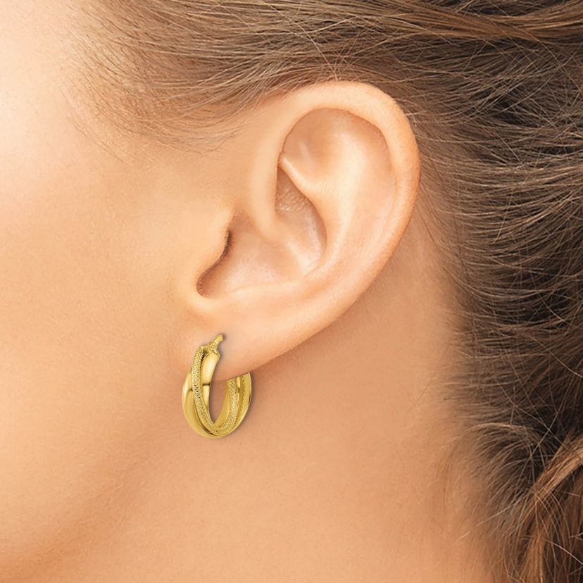 14K Yellow Gold Polished and Textured Round Hoop Earrings
