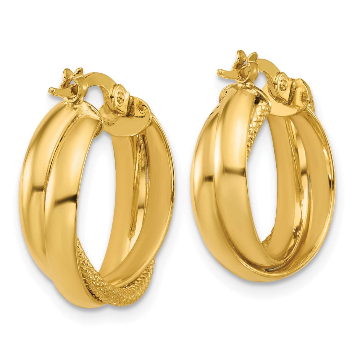 14K Yellow Gold Polished and Textured Round Hoop Earrings