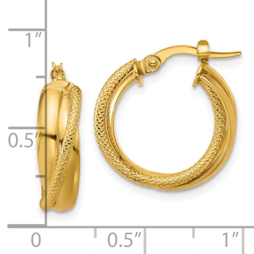 14K Yellow Gold Polished and Textured Round Hoop Earrings