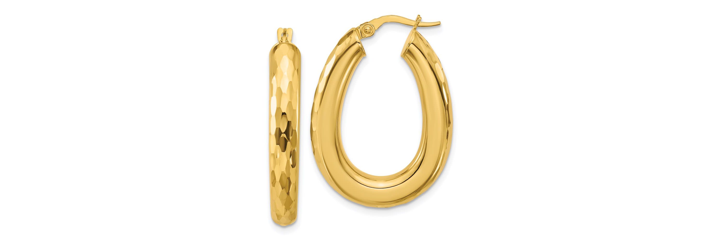 14K Yellow Gold Polished and Diamond-cut Oval Hoop Earrings
