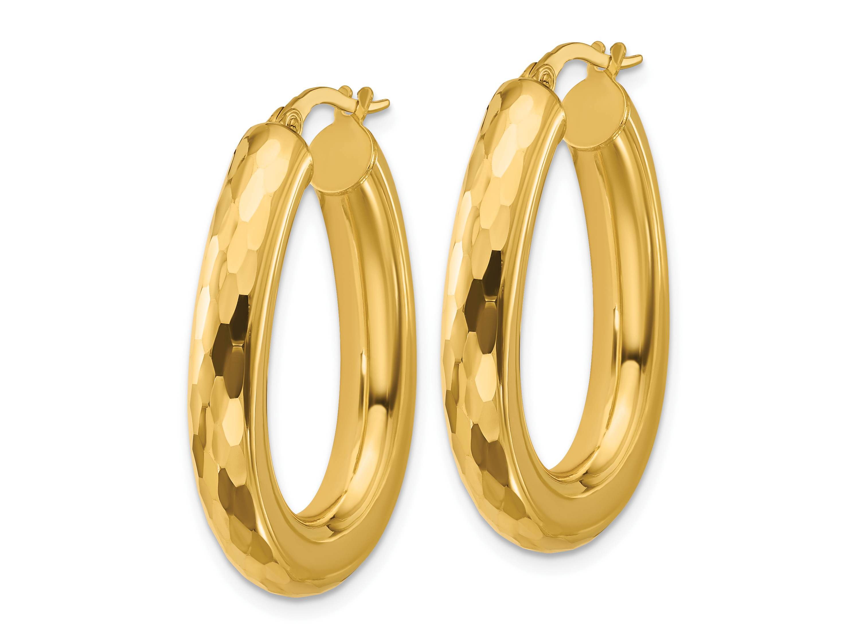 14K Yellow Gold Polished and Diamond-cut Oval Hoop Earrings