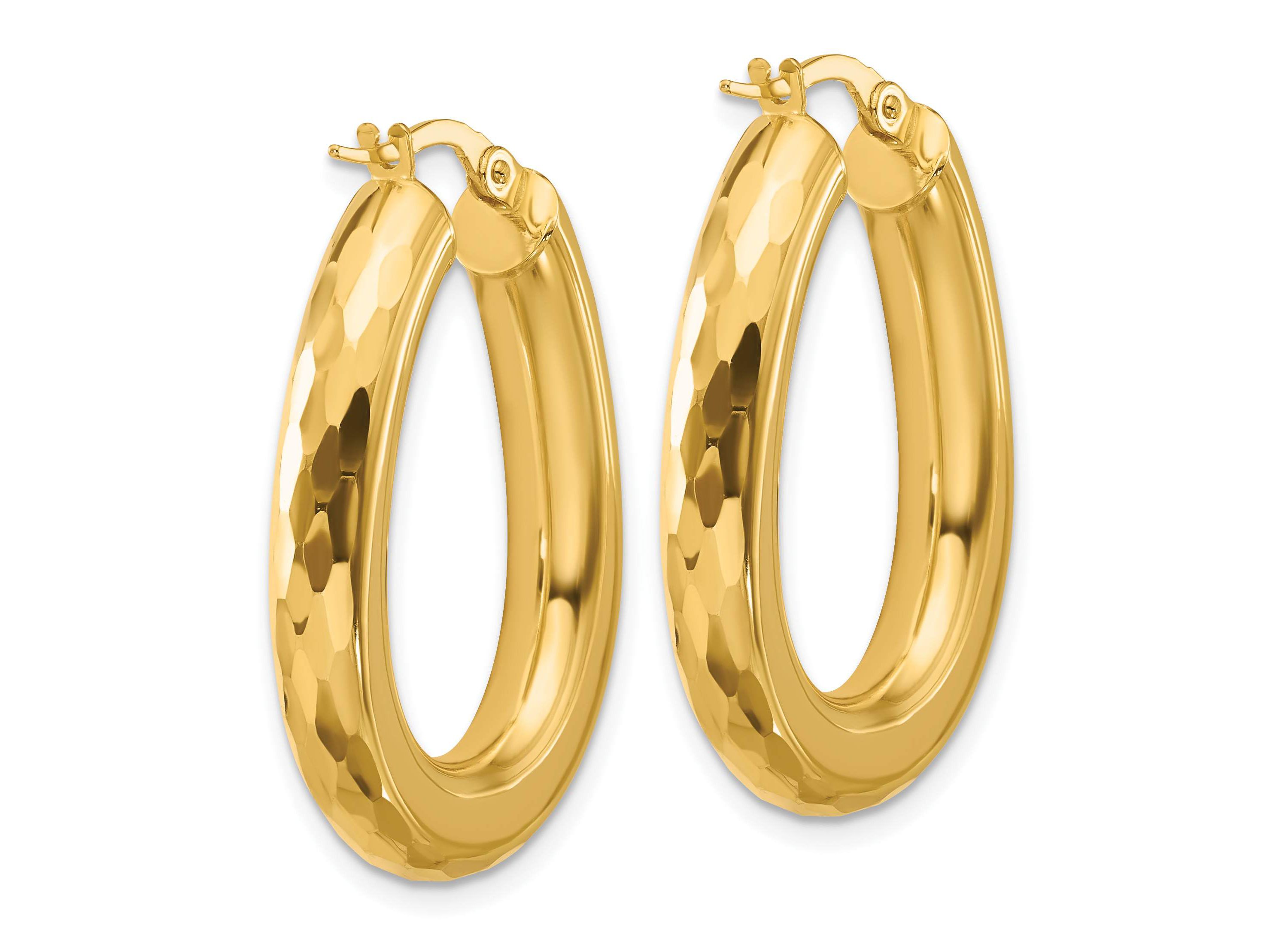 14K Yellow Gold Polished and Diamond-cut Oval Hoop Earrings