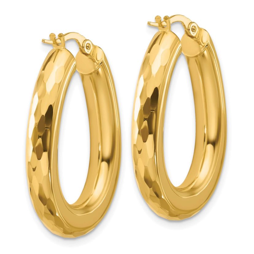 14K Yellow Gold Polished and Diamond-cut Oval Hoop Earrings