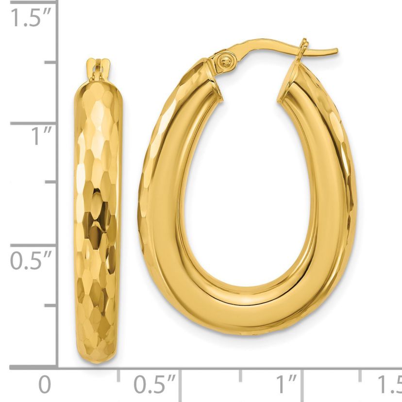 14K Yellow Gold Polished and Diamond-cut Oval Hoop Earrings
