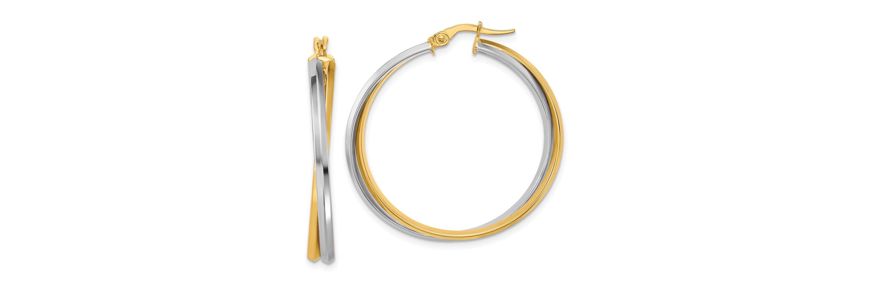 14K Yellow Gold with Rhodium Polished Twist Round Hoop Earrings
