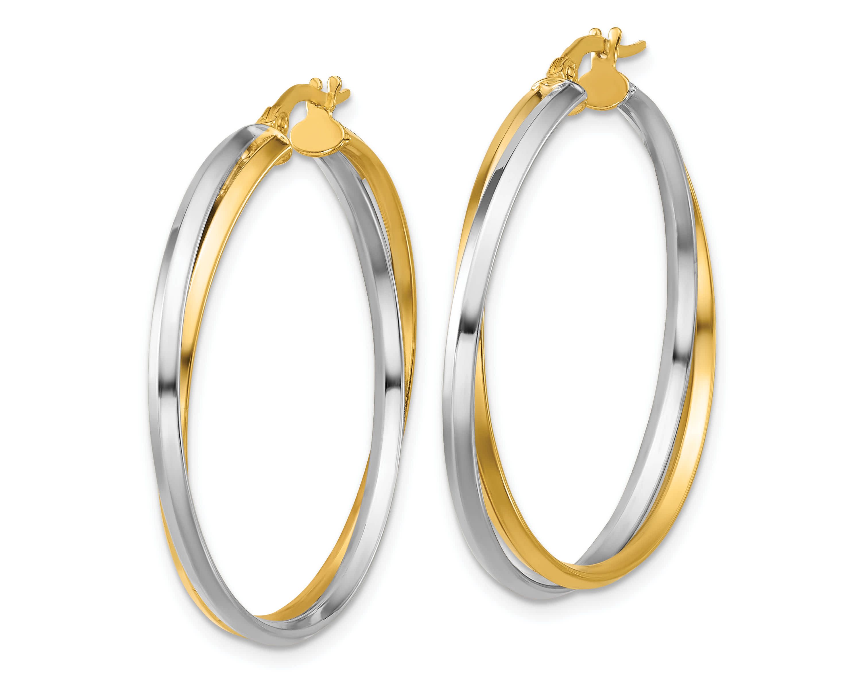 14K Yellow Gold with Rhodium Polished Twist Round Hoop Earrings