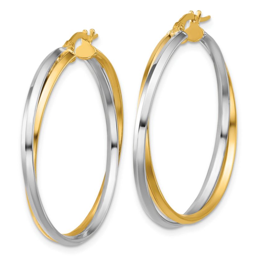 14K Yellow Gold with Rhodium Polished Twist Round Hoop Earrings