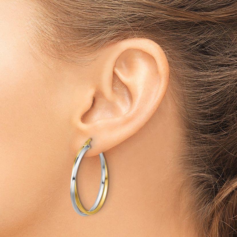 14K Yellow Gold with Rhodium Polished Twist Round Hoop Earrings