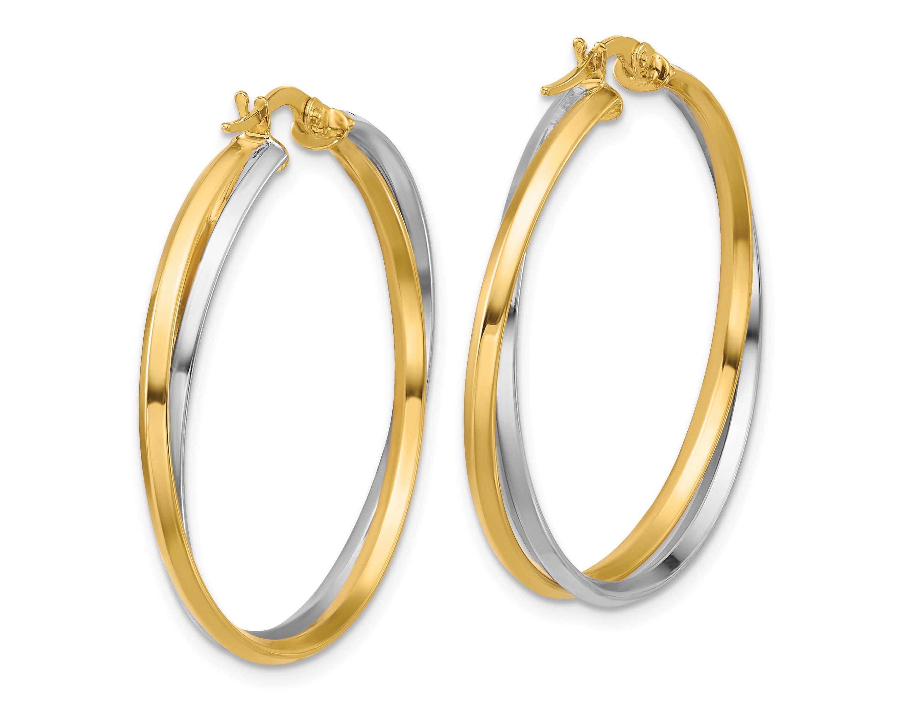 14K Yellow Gold with Rhodium Polished Twist Round Hoop Earrings