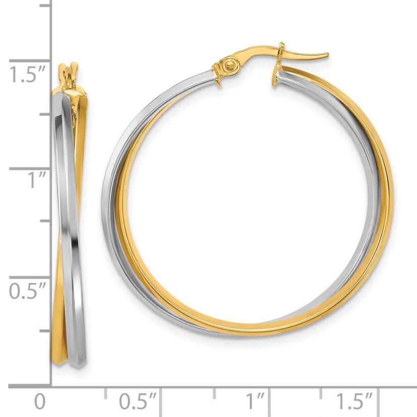 14K Yellow Gold with Rhodium Polished Twist Round Hoop Earrings