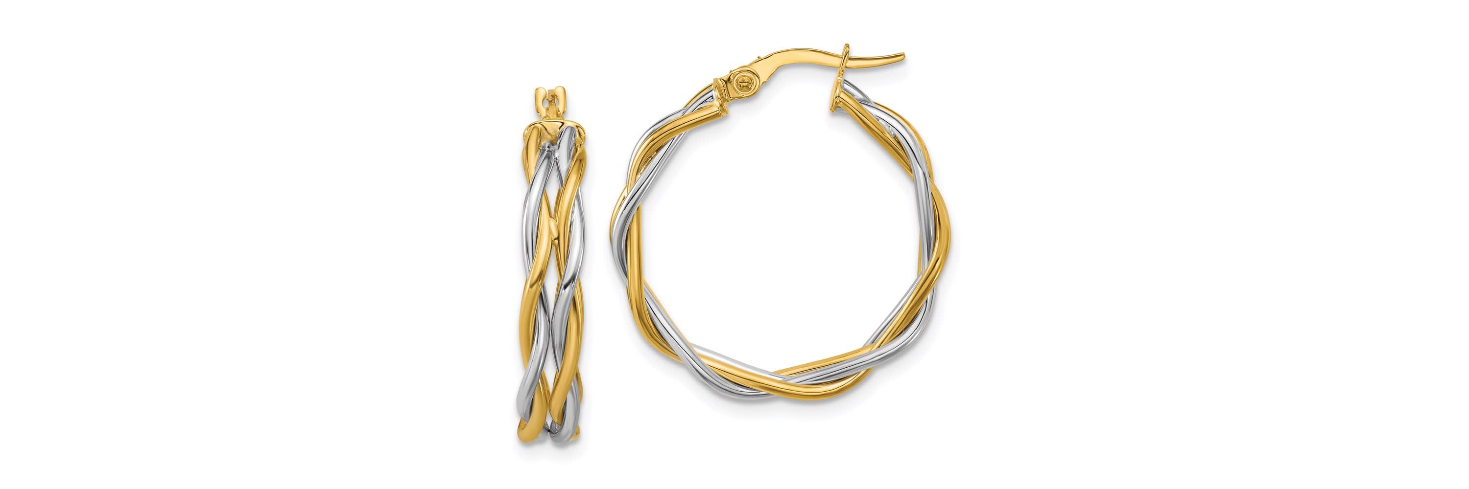14K Yellow Gold with Rhodium Polished Twisted Round Hoop Earrings
