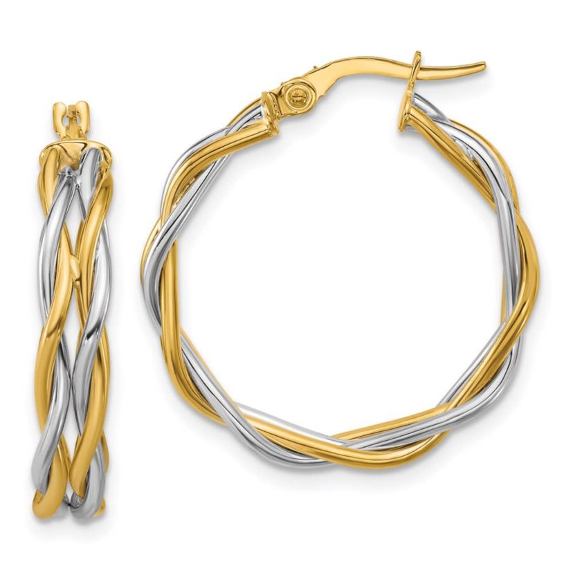14K Yellow Gold with Rhodium Polished Twisted Round Hoop Earrings