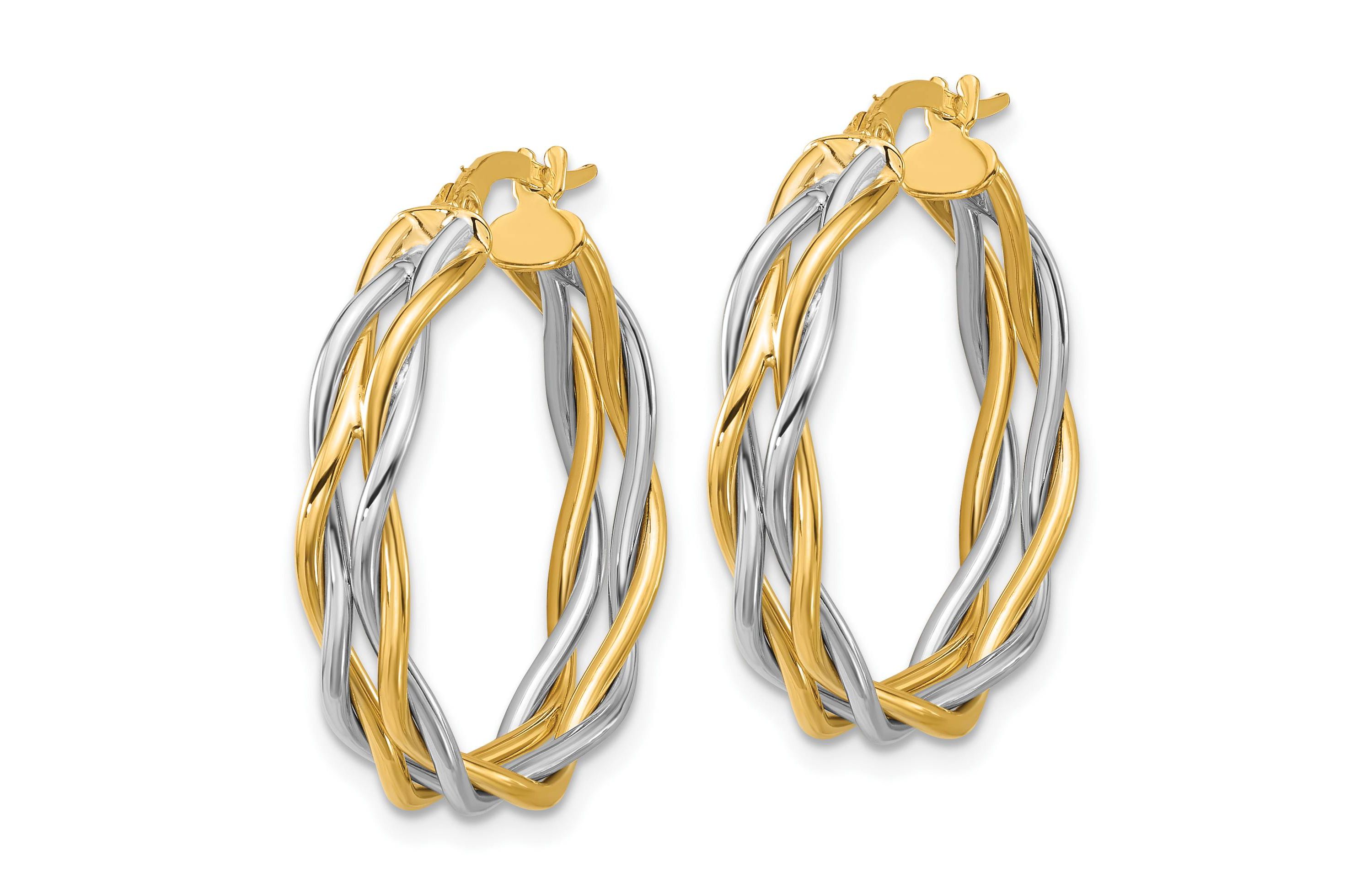 14K Yellow Gold with Rhodium Polished Twisted Round Hoop Earrings