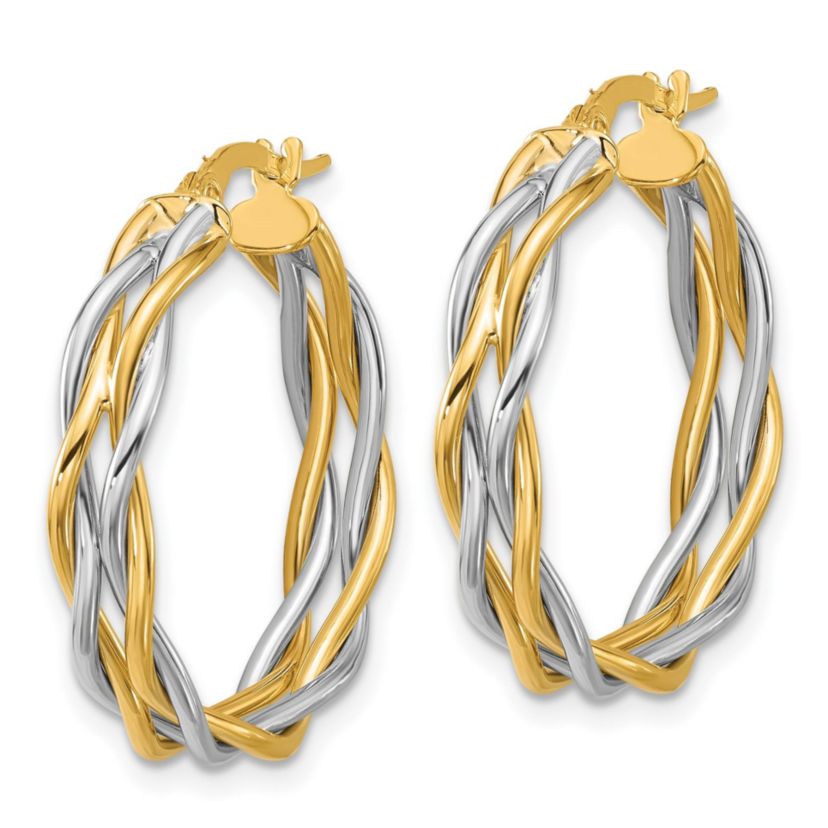 14K Yellow Gold with Rhodium Polished Twisted Round Hoop Earrings