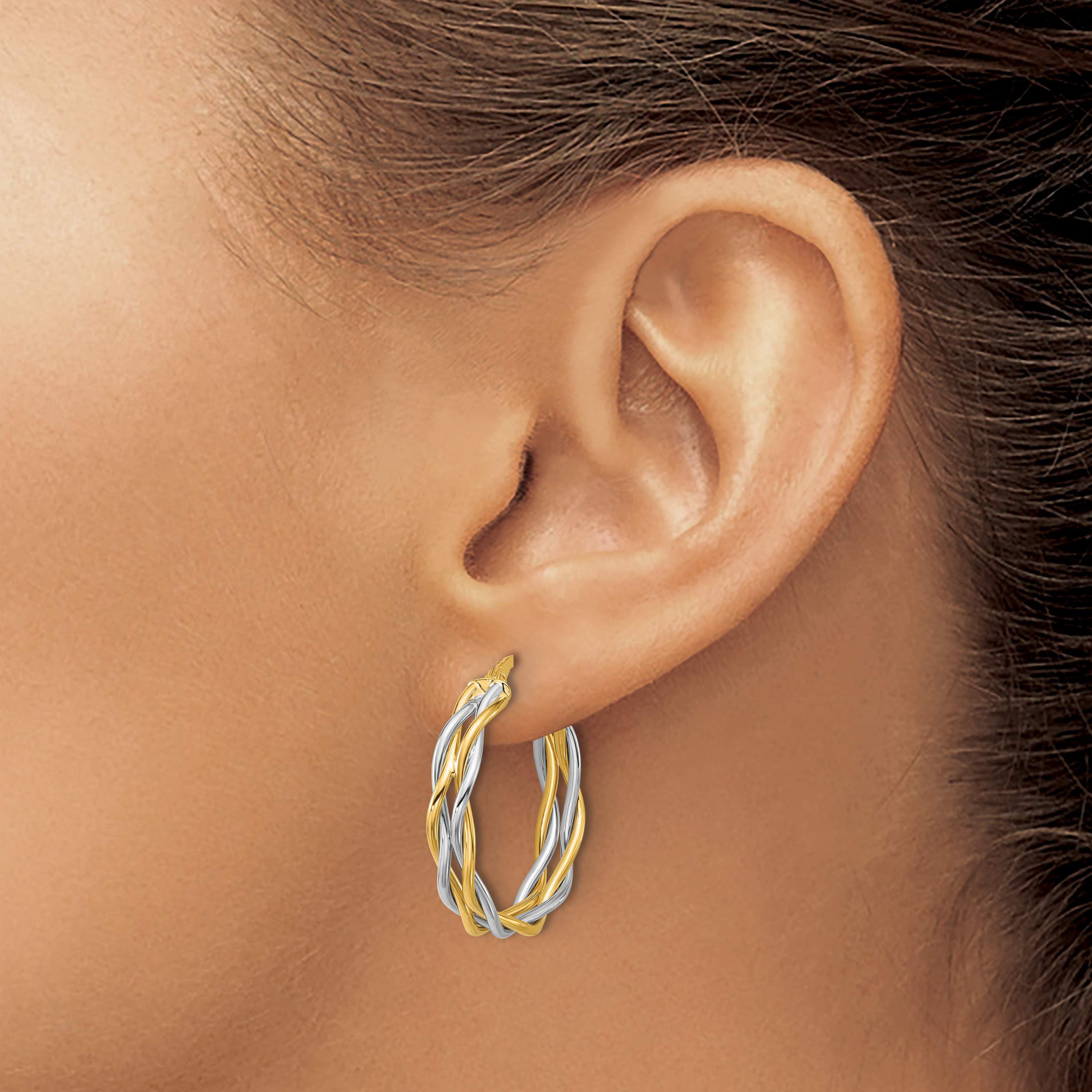 14K Yellow Gold with Rhodium Polished Twisted Round Hoop Earrings