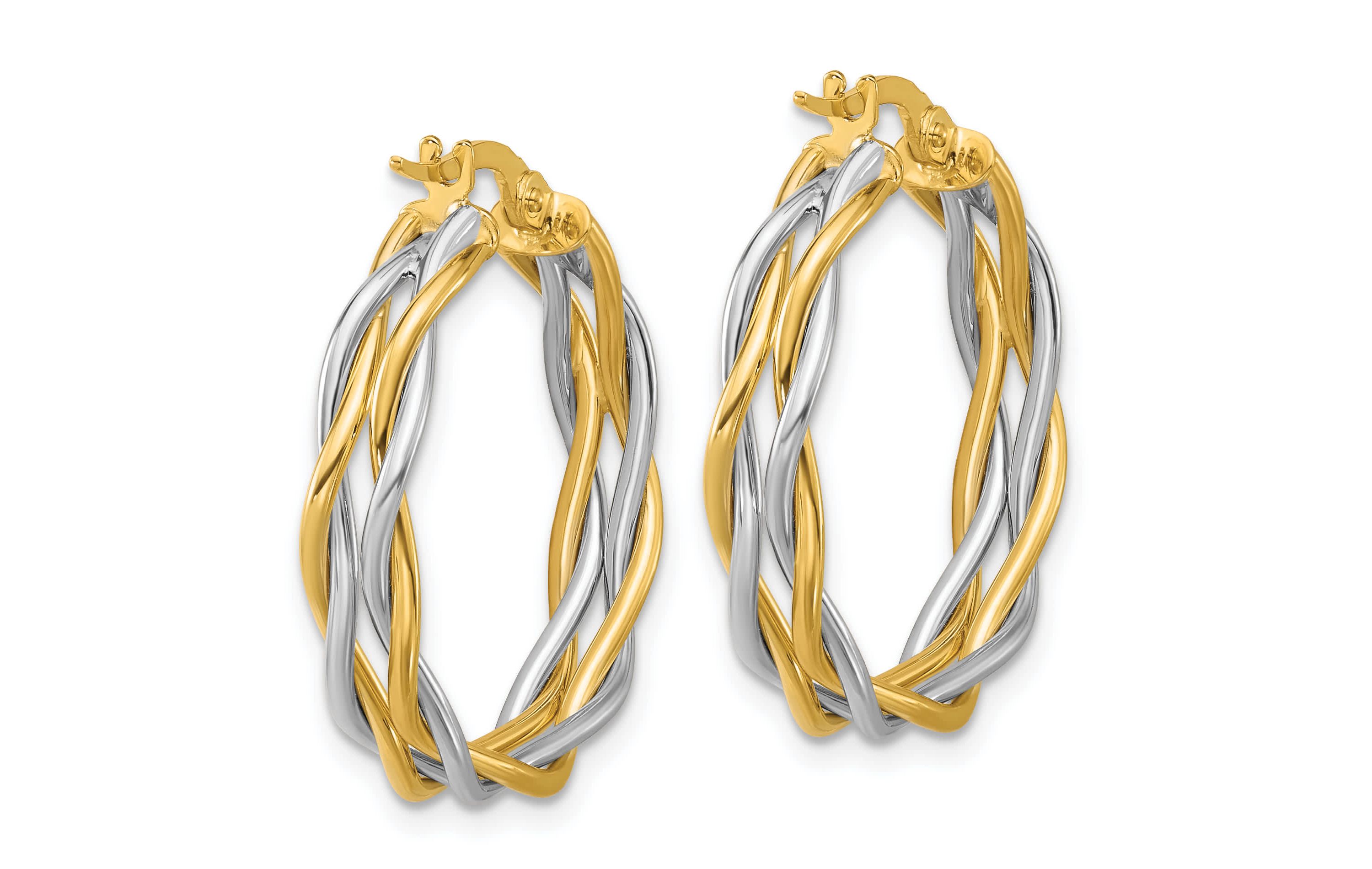 14K Yellow Gold with Rhodium Polished Twisted Round Hoop Earrings