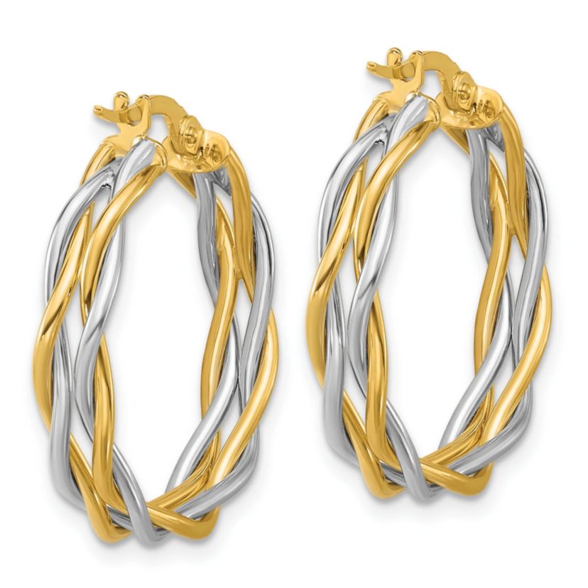 14K Yellow Gold with Rhodium Polished Twisted Round Hoop Earrings