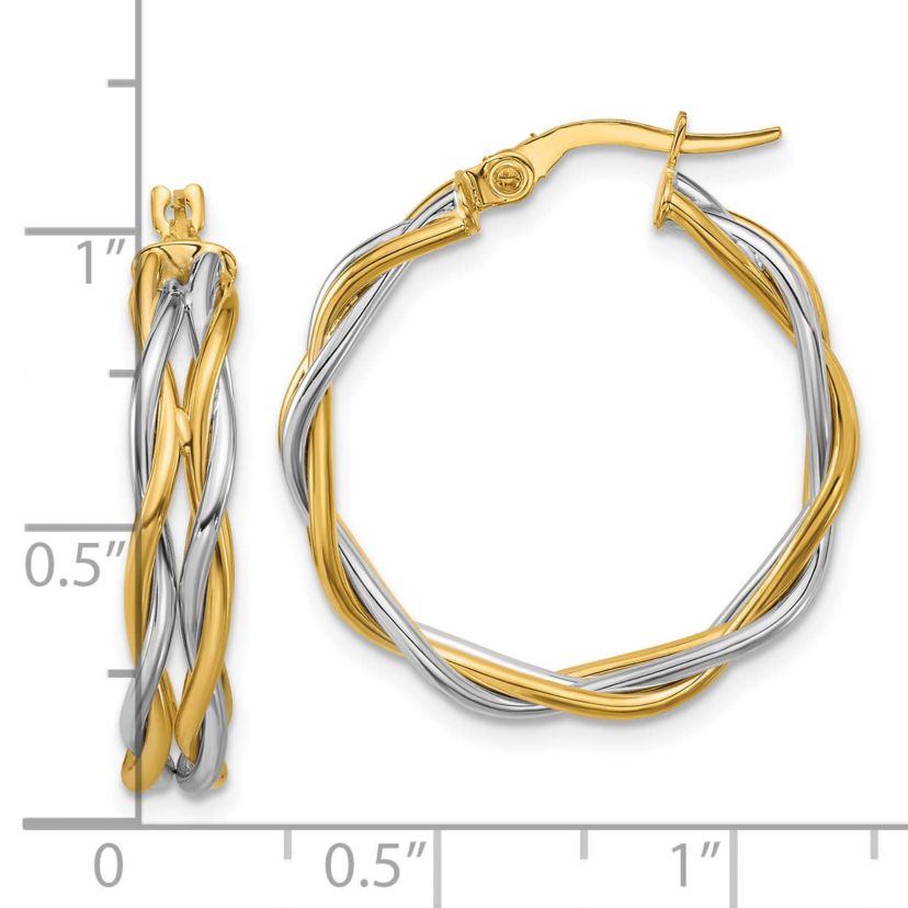 14K Yellow Gold with Rhodium Polished Twisted Round Hoop Earrings