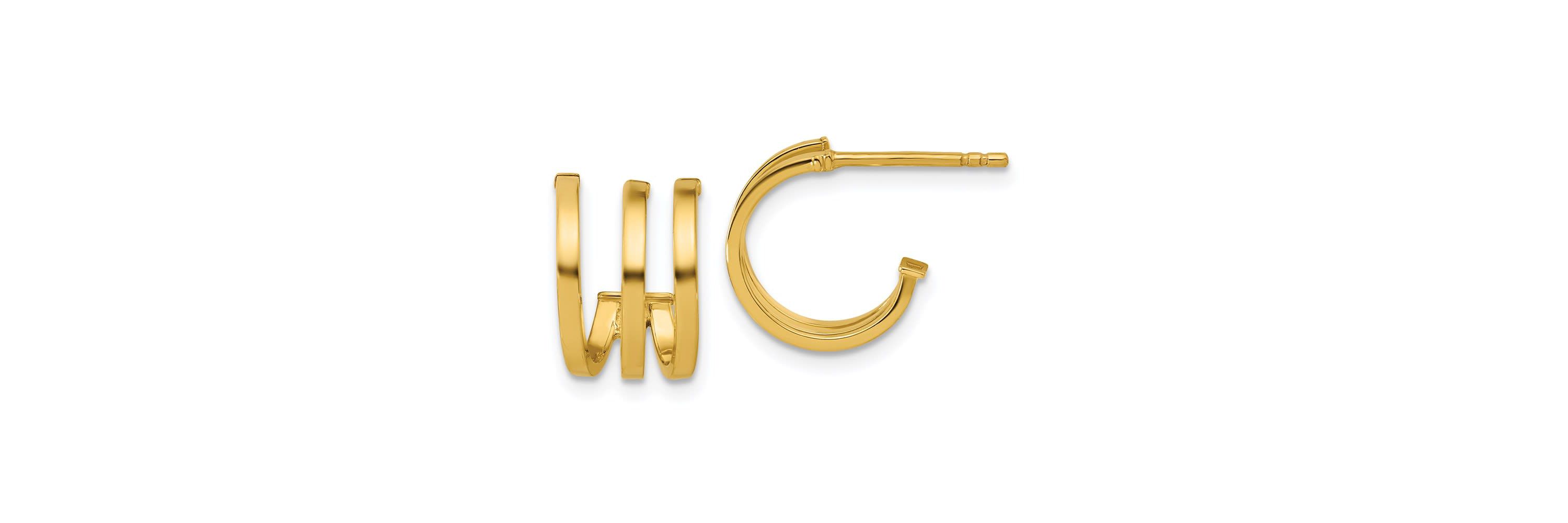 14K Yellow Gold Polished 3-row Post J-hoop Earrings