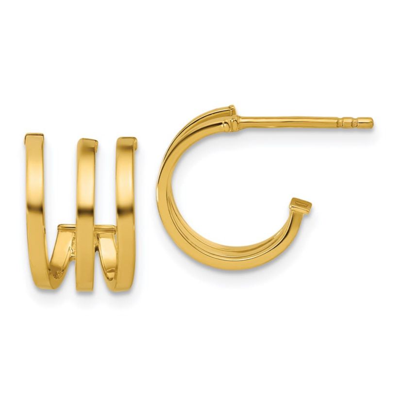 14K Yellow Gold Polished 3-row Post J-hoop Earrings