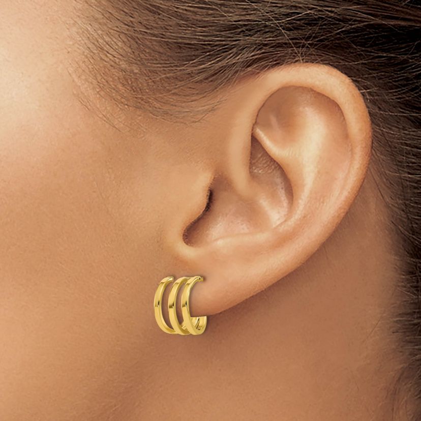 14K Yellow Gold Polished 3-row Post J-hoop Earrings