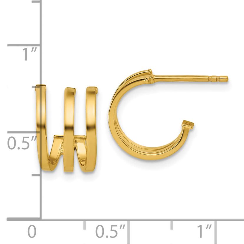 14K Yellow Gold Polished 3-row Post J-hoop Earrings