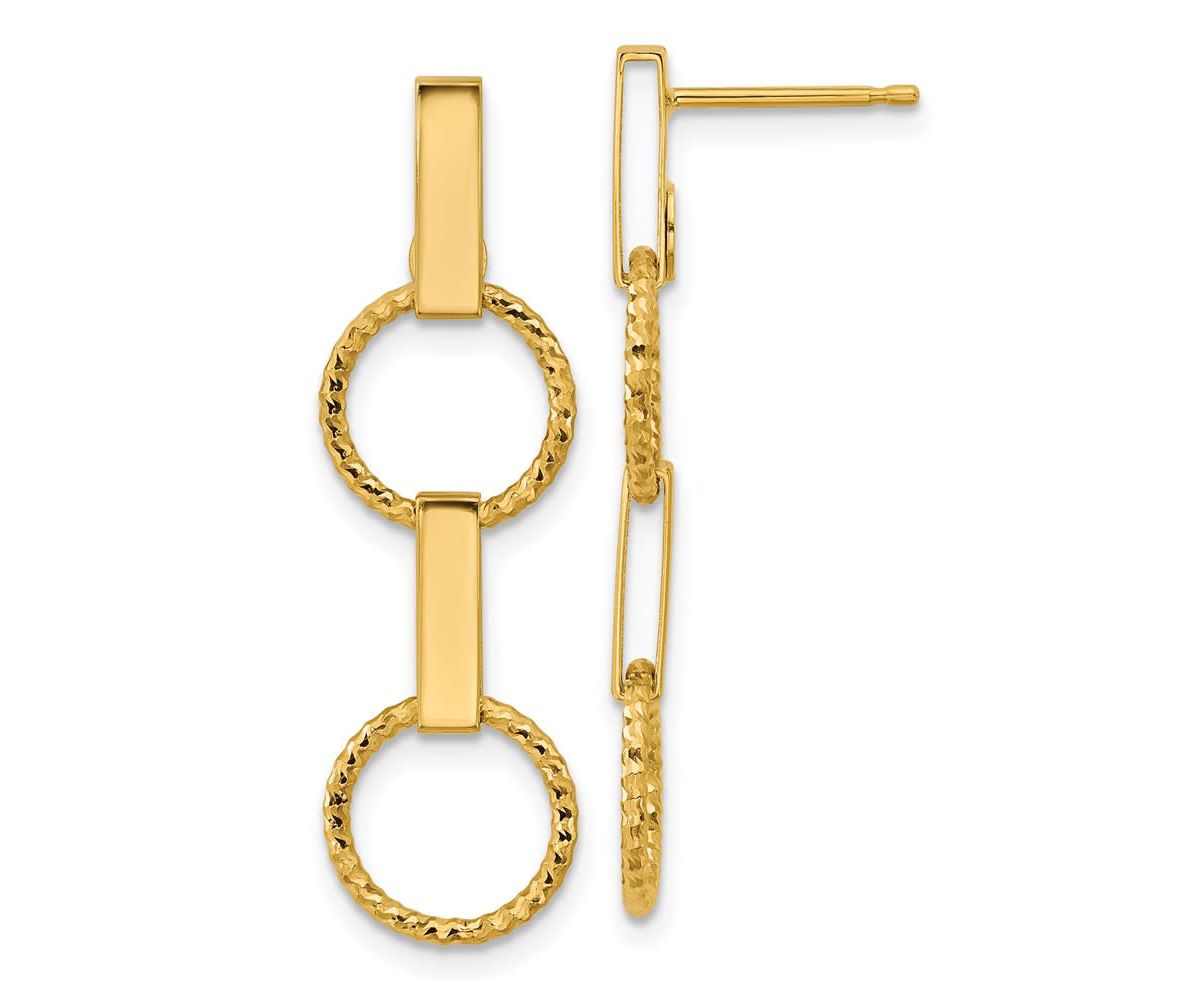 14K Yellow Gold Polished and Diamond-cut Circle Dangle Post Earrings