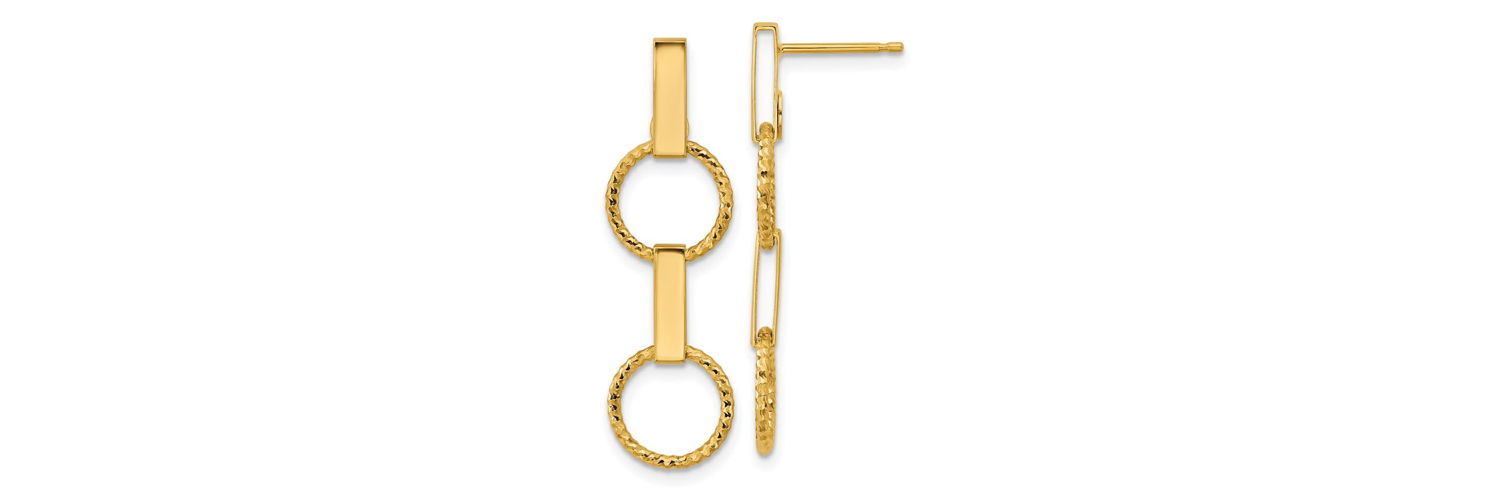 14K Yellow Gold Polished and Diamond-cut Circle Dangle Post Earrings