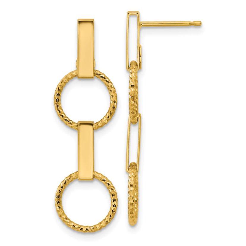14K Yellow Gold Polished and Diamond-cut Circle Dangle Post Earrings