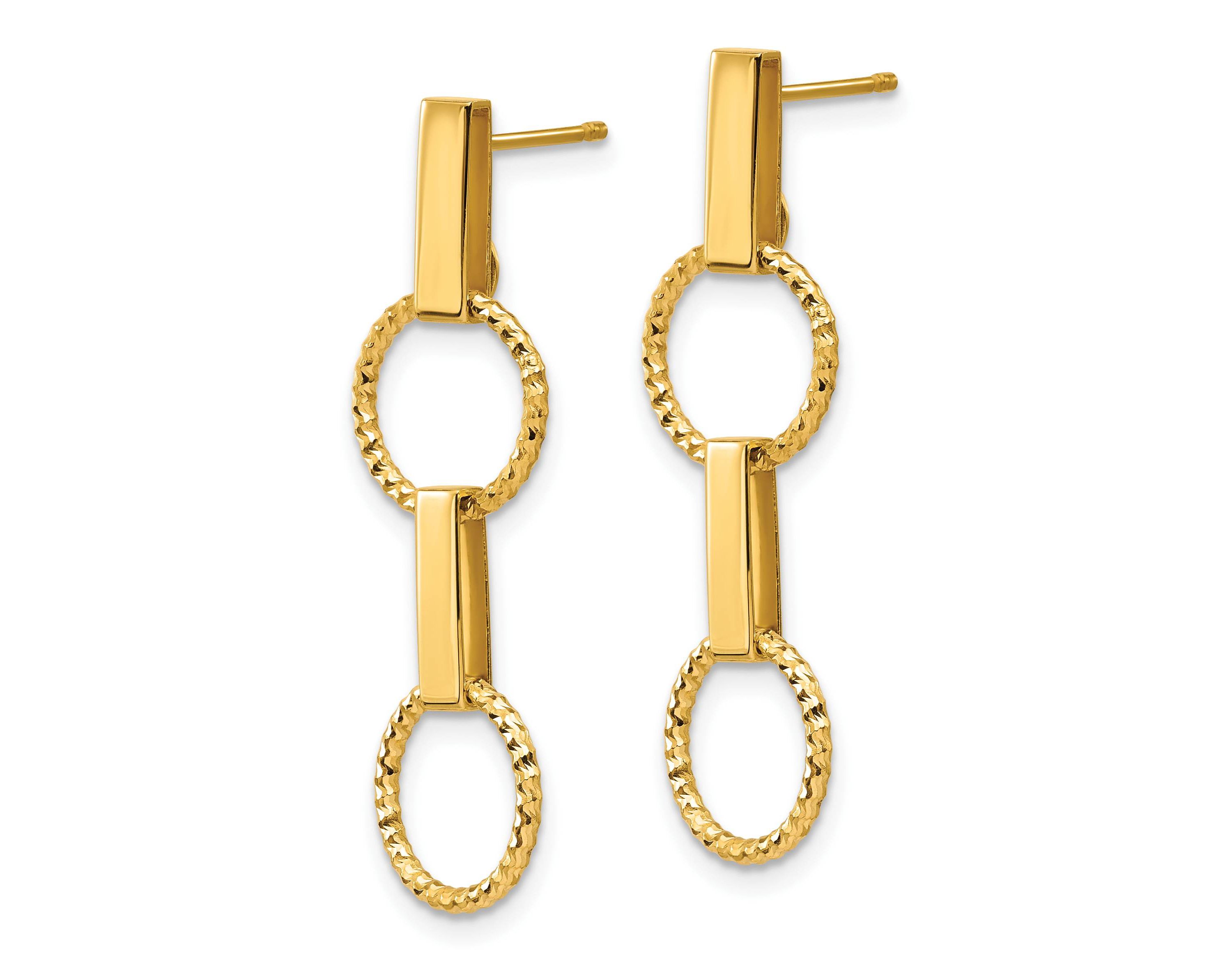 14K Yellow Gold Polished and Diamond-cut Circle Dangle Post Earrings