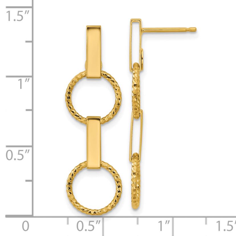 14K Yellow Gold Polished and Diamond-cut Circle Dangle Post Earrings