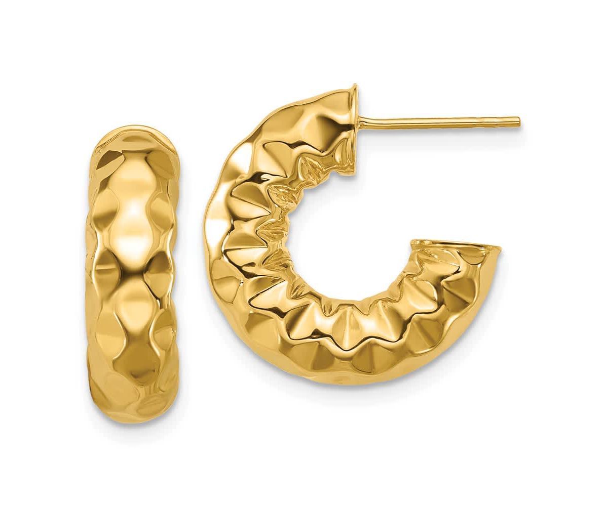 14K Yellow Gold Polished and Hammered J-Hoop Post Earrings