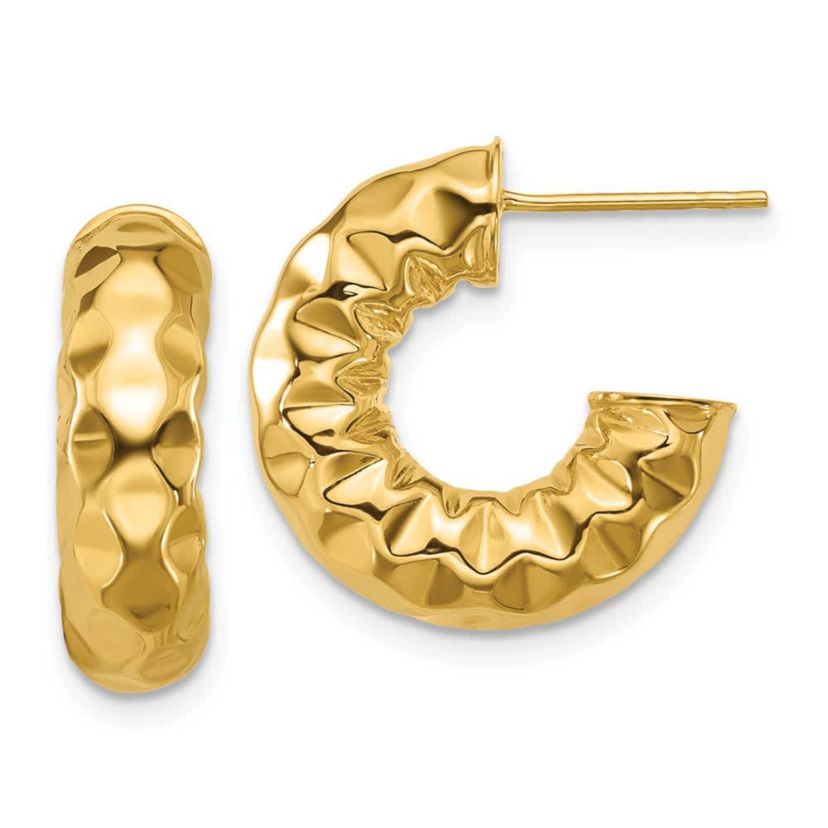 14K Yellow Gold Polished and Hammered J-Hoop Post Earrings