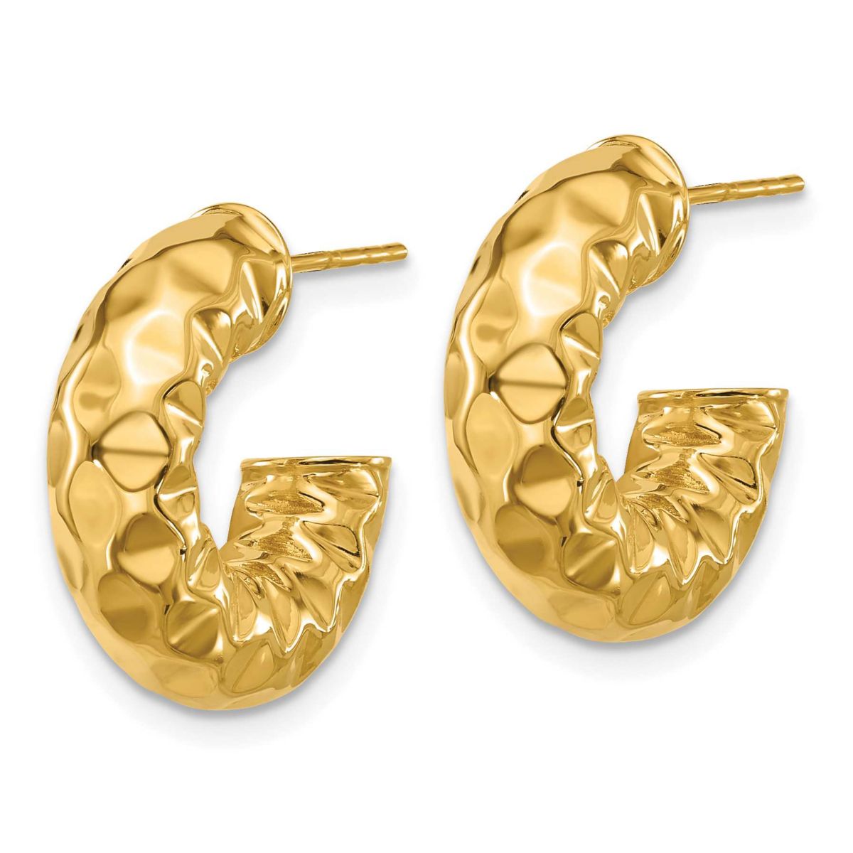 14K Yellow Gold Polished and Hammered J-Hoop Post Earrings