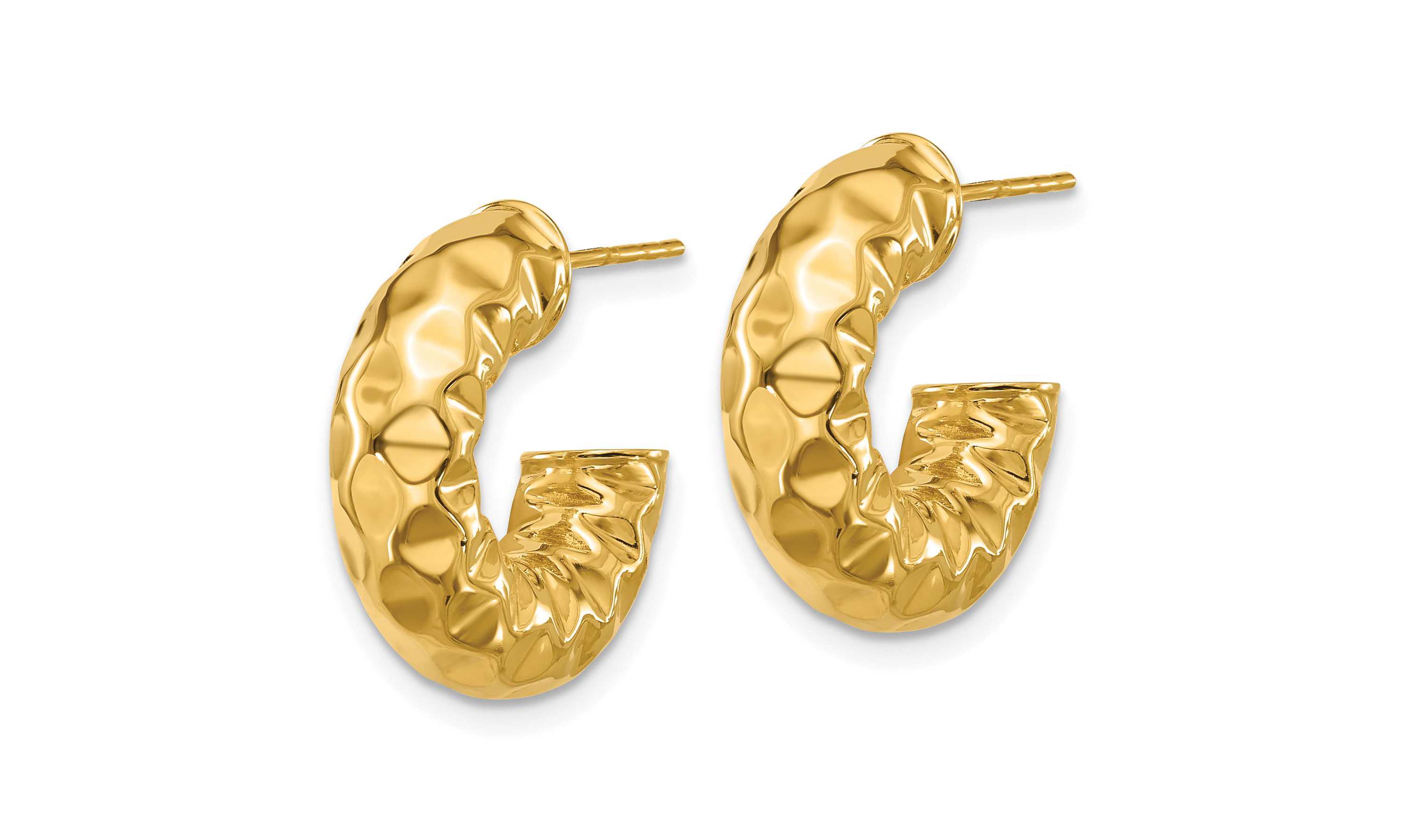 14K Yellow Gold Polished and Hammered J-Hoop Post Earrings