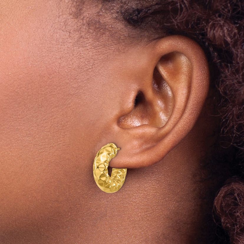 14K Yellow Gold Polished and Hammered J-Hoop Post Earrings