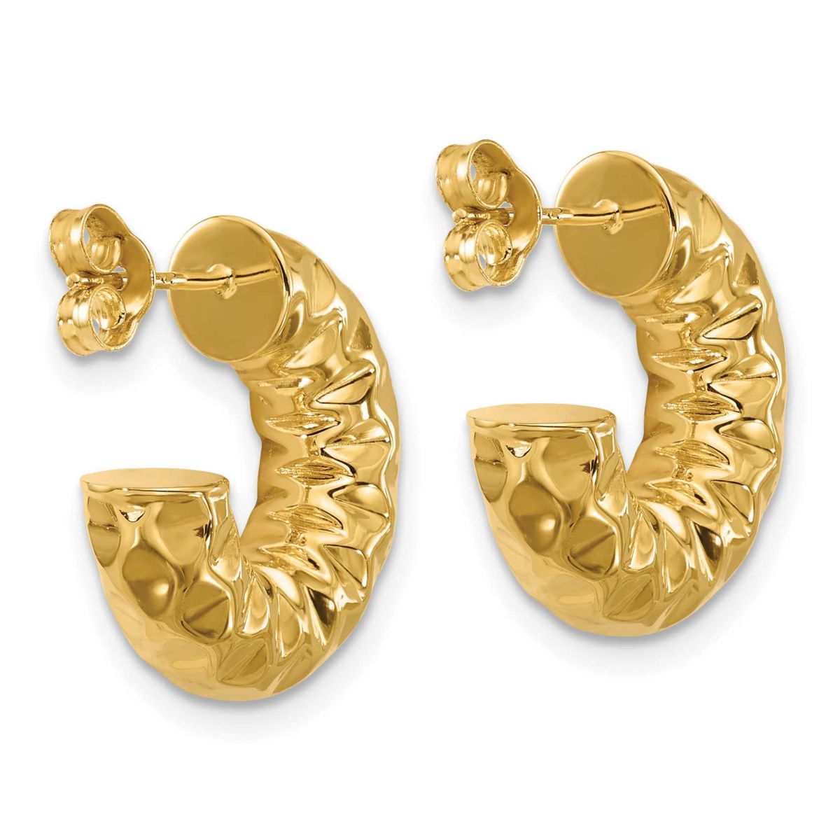 14K Yellow Gold Polished and Hammered J-Hoop Post Earrings