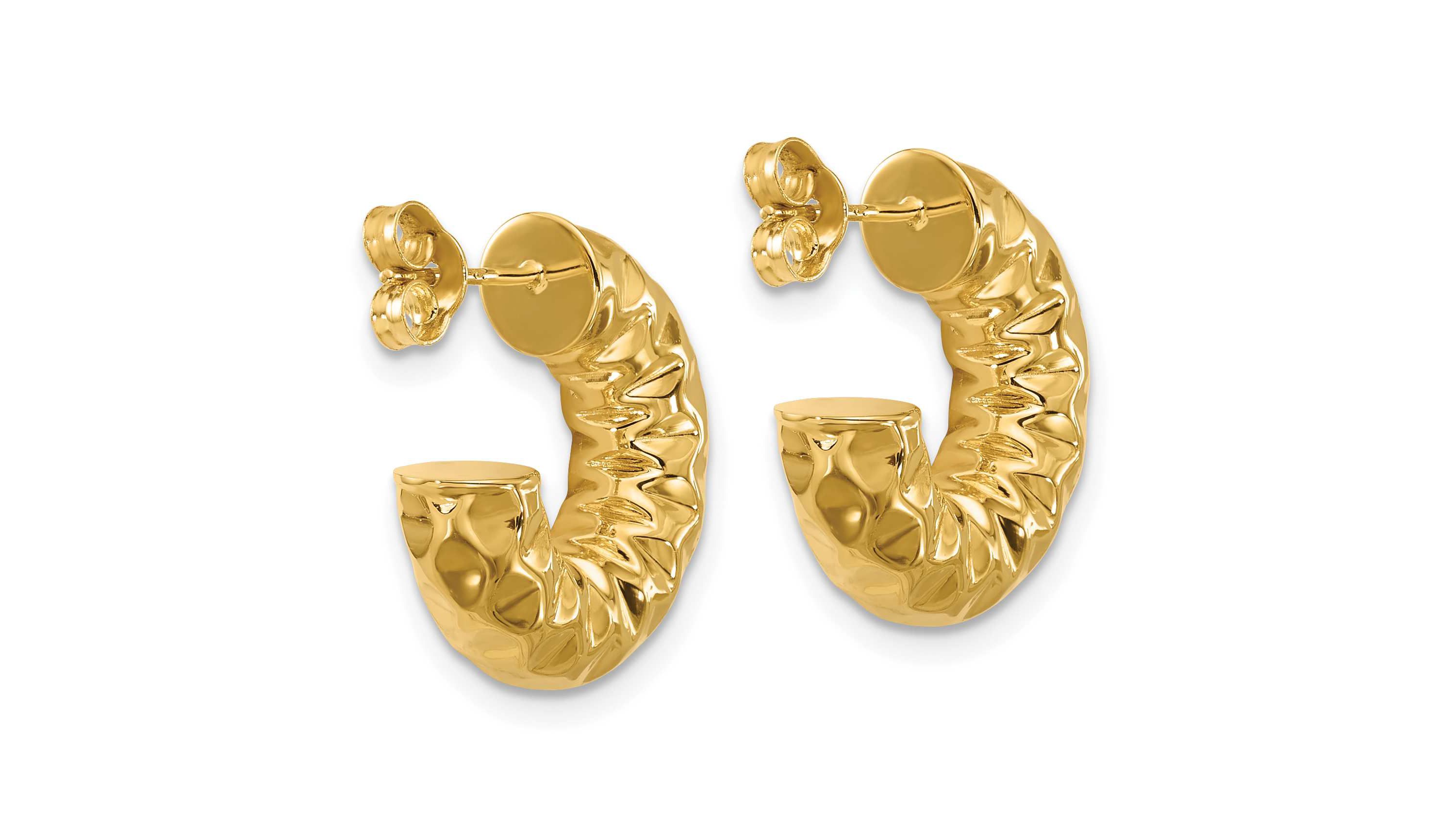 14K Yellow Gold Polished and Hammered J-Hoop Post Earrings
