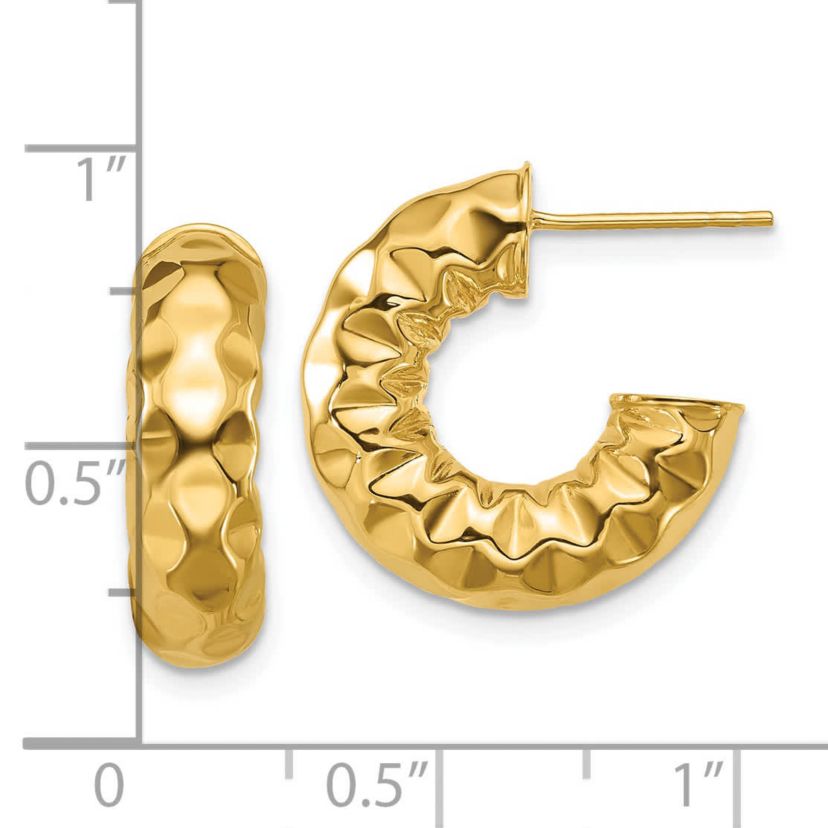 14K Yellow Gold Polished and Hammered J-Hoop Post Earrings