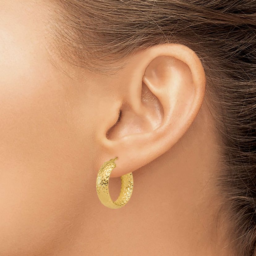14K Yellow Gold Polished Weave Design Round Hoop Earrings
