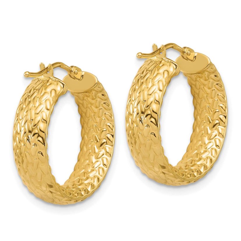 14K Yellow Gold Polished Weave Design Round Hoop Earrings