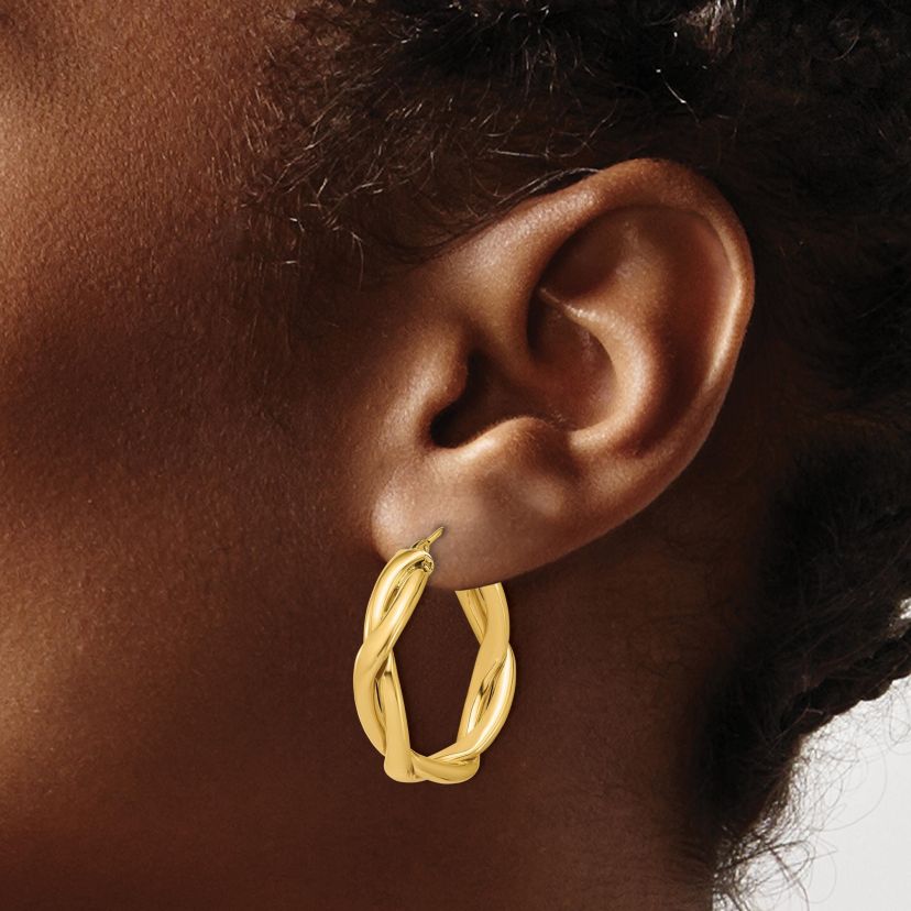 14K Yellow Gold Polished Fancy Twist Round Hoop Earrings