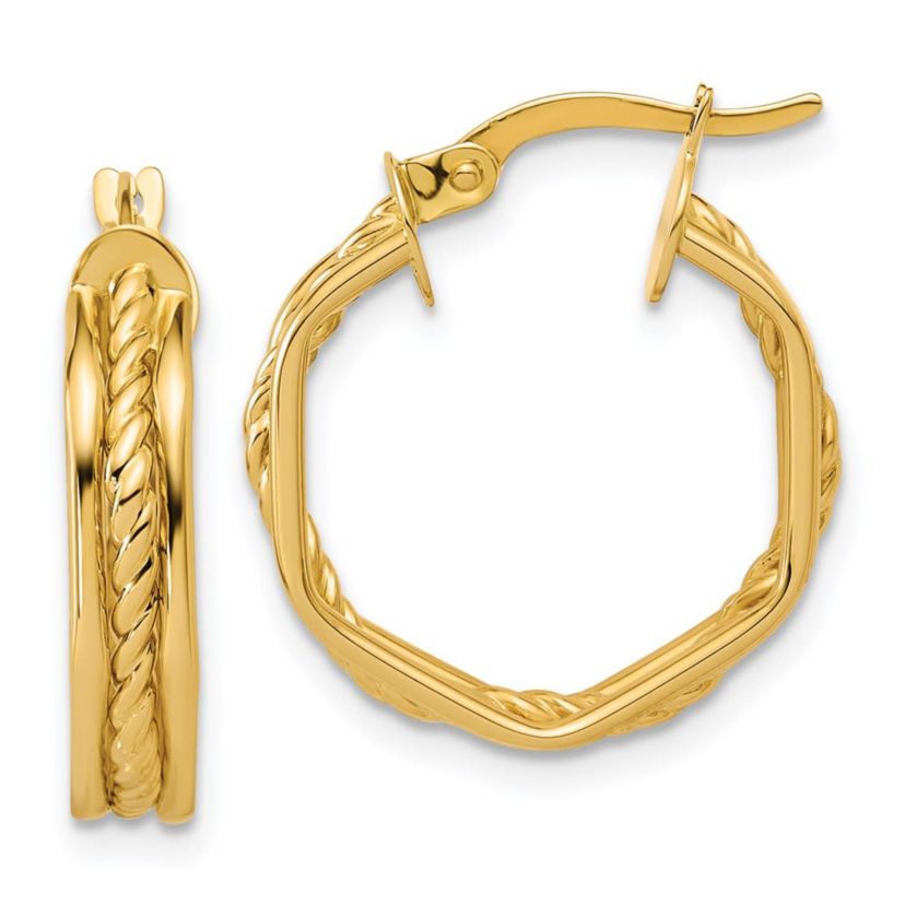 14K Yellow Gold Polished and Twisted Hoop Earrings