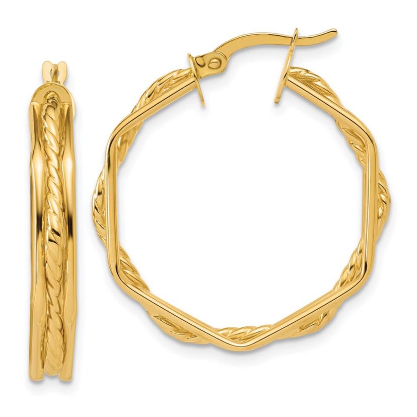 14K Yellow Gold Polished and Twisted Hoop Earrings