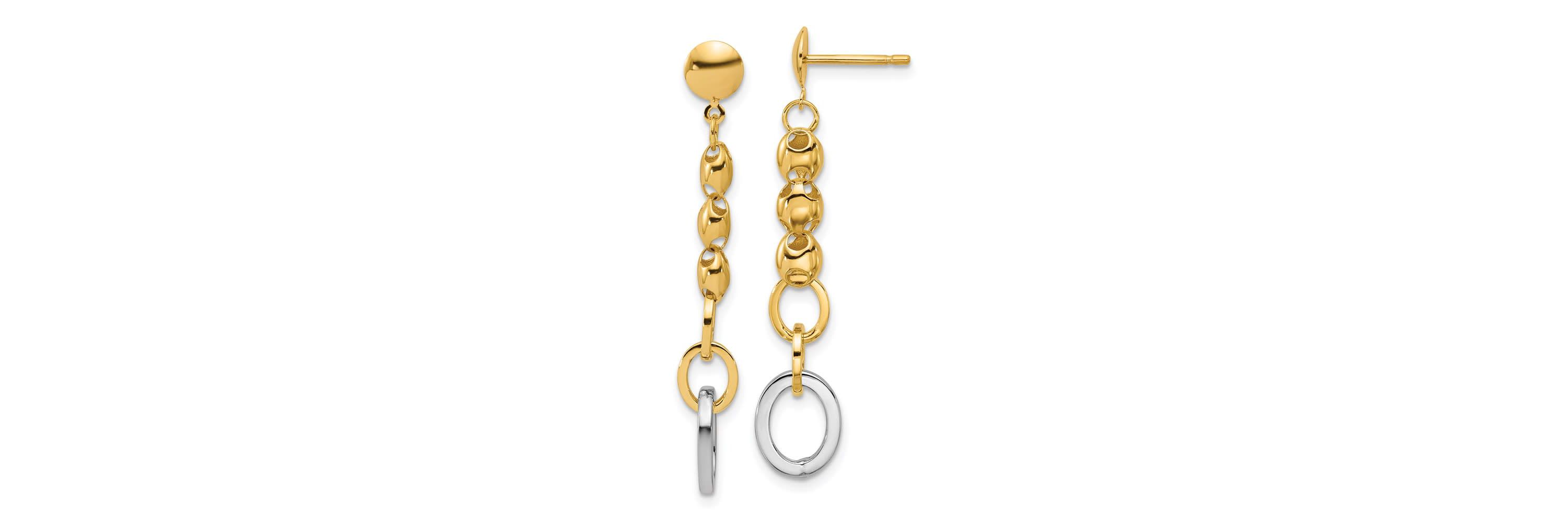 14K Yellow Gold with White Rhodium Polished Fancy Oval Link Post Dangle Earrings